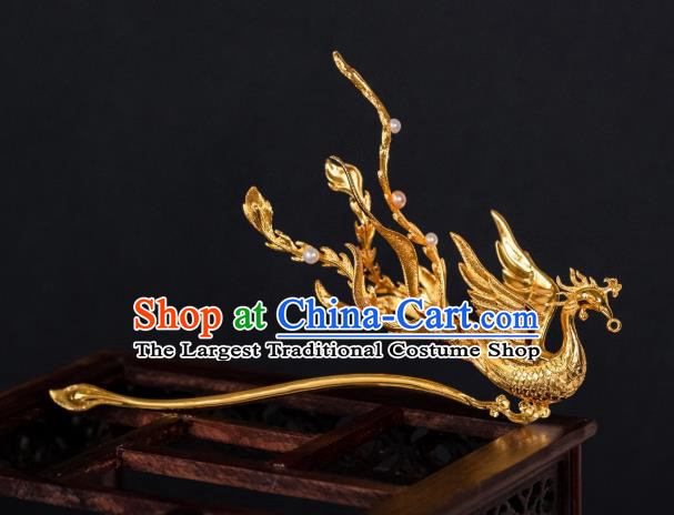 China Ancient Palace Gilding Phoenix Hairpin Ming Dynasty Queen Hair Accessories Hair Stick