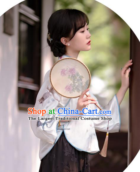 China Tang Suit Upper Outer Garment Traditional Printing Goldfish White Silk Blouse