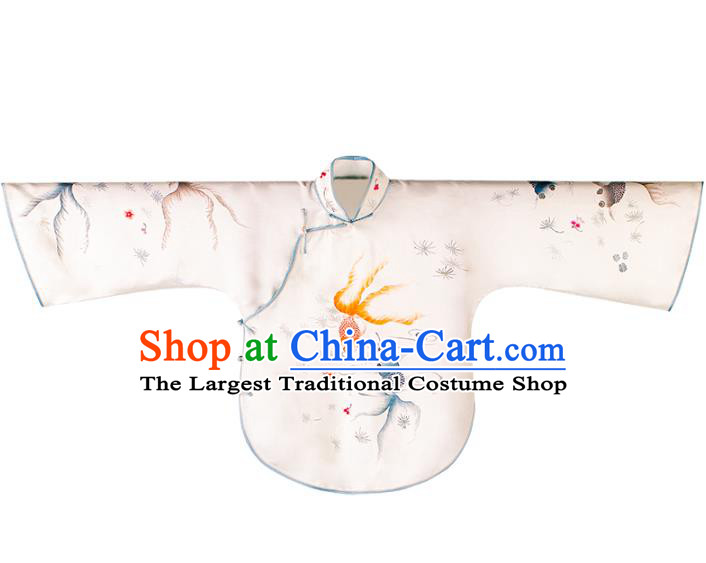 China Tang Suit Upper Outer Garment Traditional Printing Goldfish White Silk Blouse