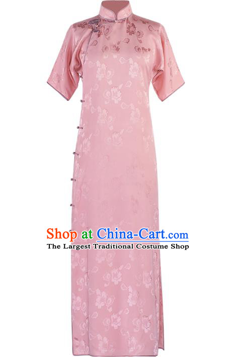 Republic of China Pink Silk Qipao Dress Traditional Classical Costume National Cheongsam