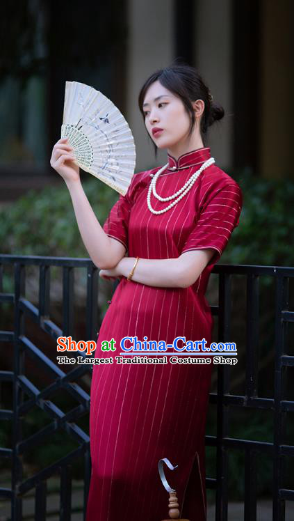 Republic of China Traditional Classical Costume National Cheongsam Red Silk Qipao Dress