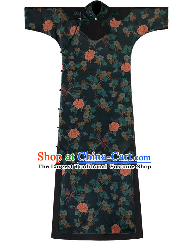 Republic of China Traditional Printing Peony Dark Green Silk Qipao Dress National Cheongsam Classical Costume