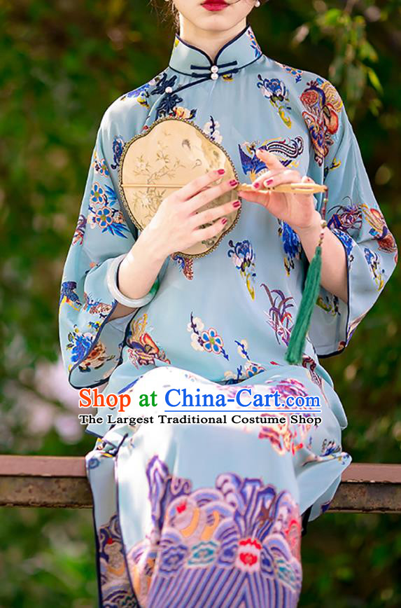 China Classical Printing Phoenix Blue Cheongsam National Women Dress Traditional Silk Qipao Costume
