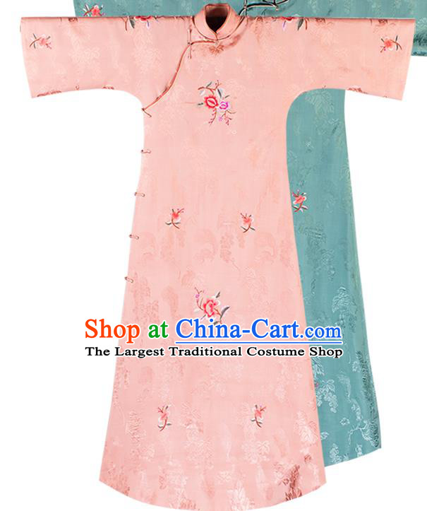 China Classical Pink Silk Cheongsam Traditional Qipao Costume National Women Embroidered Peony Dress