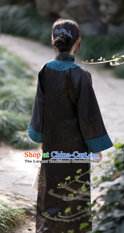 China Traditional Black Silk Qipao Costume Classical Cheongsam National Women Dress
