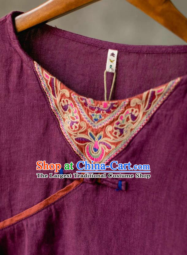 China Traditional Cheongsam Upper Outer Garment Tang Suit Costume National Women Embroidered Purple Flax Blouse