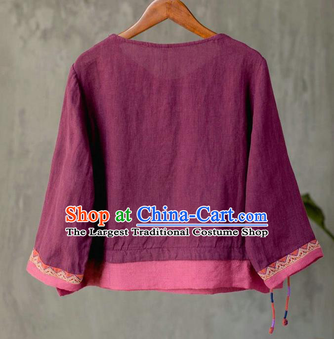 China Traditional Cheongsam Upper Outer Garment Tang Suit Costume National Women Embroidered Purple Flax Blouse