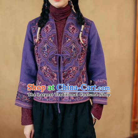 China National Embroidered Purple Flax Jacket Traditional Women Outer Garment Tang Suit Costume