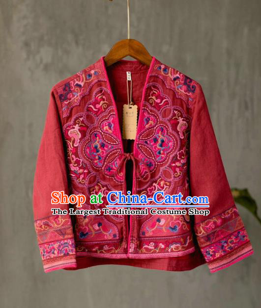 China Tang Suit Costume National Embroidered Red Flax Jacket Traditional Women Outer Garment