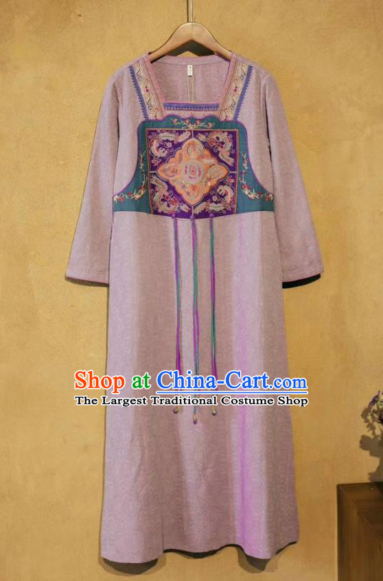 Chinese National Embroidered Lilac Flax Dress Traditional Women Cheongsam Clothing