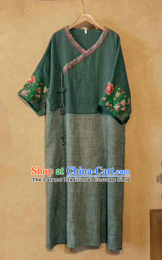 Chinese Zen Suit Traditional Women Clothing National Embroidered Green Dress