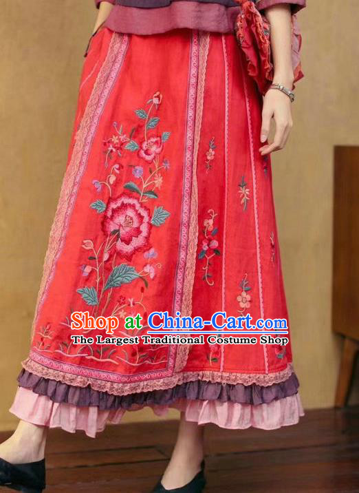China National Red Ramine Bust Skirt Embroidered Skirt Traditional Female Clothing