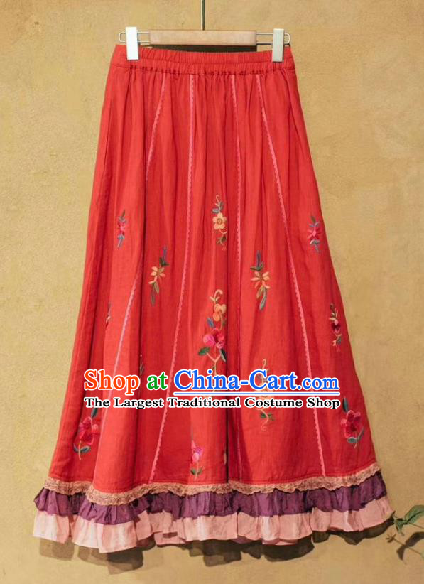 China National Red Ramine Bust Skirt Embroidered Skirt Traditional Female Clothing