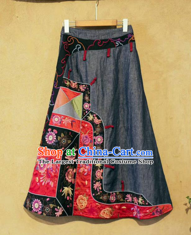 China Embroidered Skirt Traditional Clothing National Blue Flax Bust Skirt