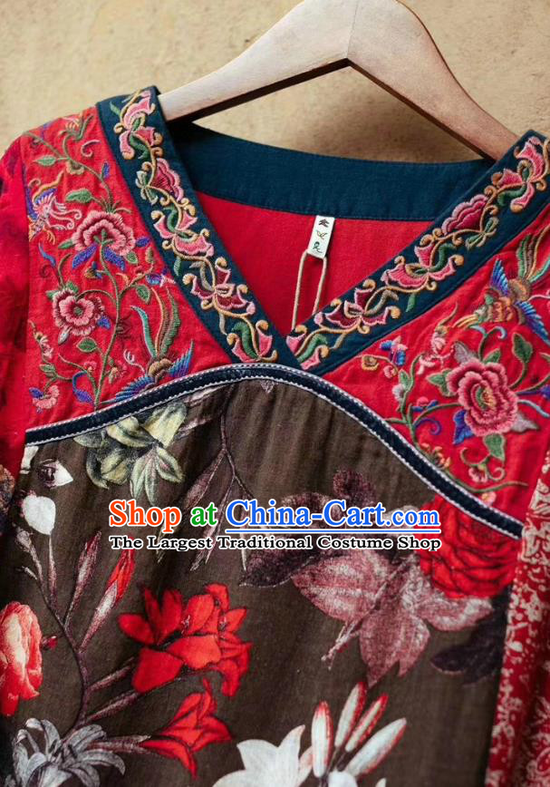 Chinese National Embroidered Flax Red Dress Traditional Printing Clothing