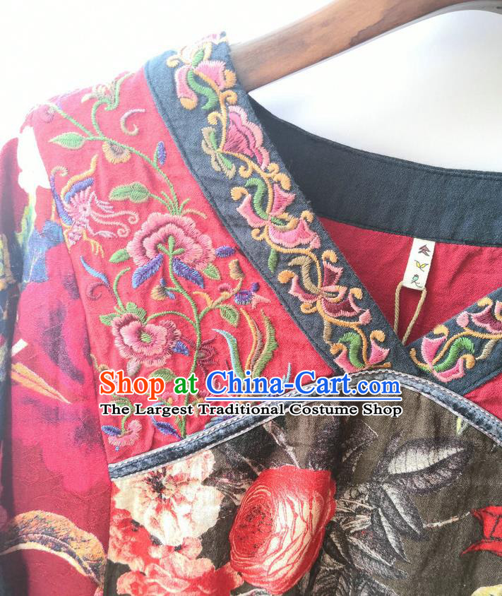 Chinese National Embroidered Flax Red Dress Traditional Printing Clothing