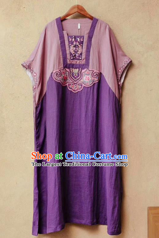 Chinese Traditional National Clothing Embroidered Purple Flax Dress