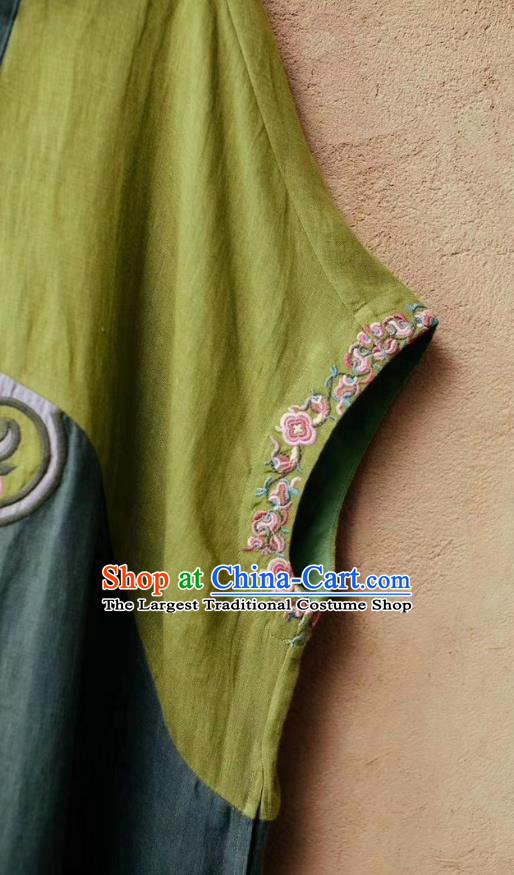 Chinese Traditional Women Fashion Embroidered Green Flax Dress National Clothing