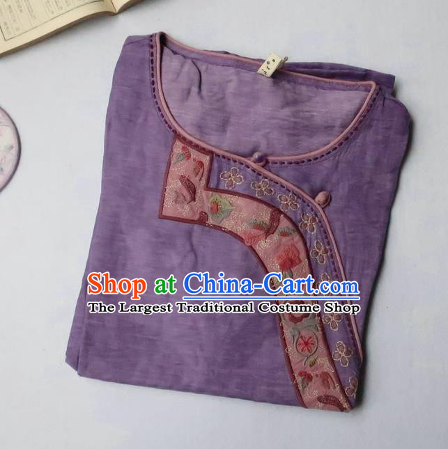 Chinese Embroidered Purple Flax Dress National Plated Buttons Clothing Traditional Women Fashion