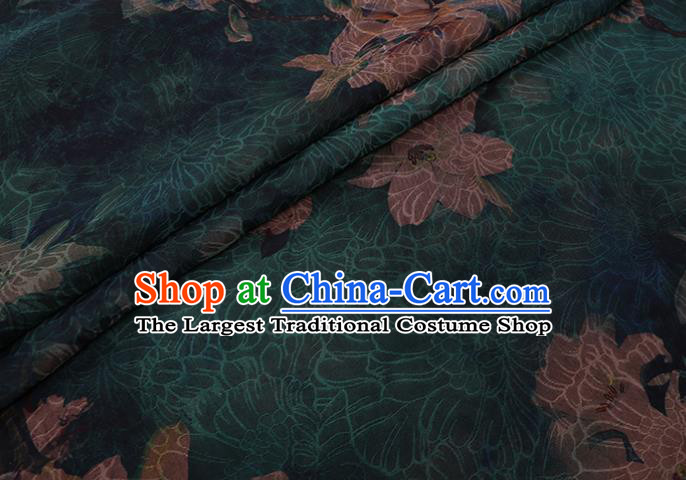 Chinese Classical Yulan Magnolia Pattern Silk Drapery Asian Traditional Cheongsam Deep Green Cloth Fabric