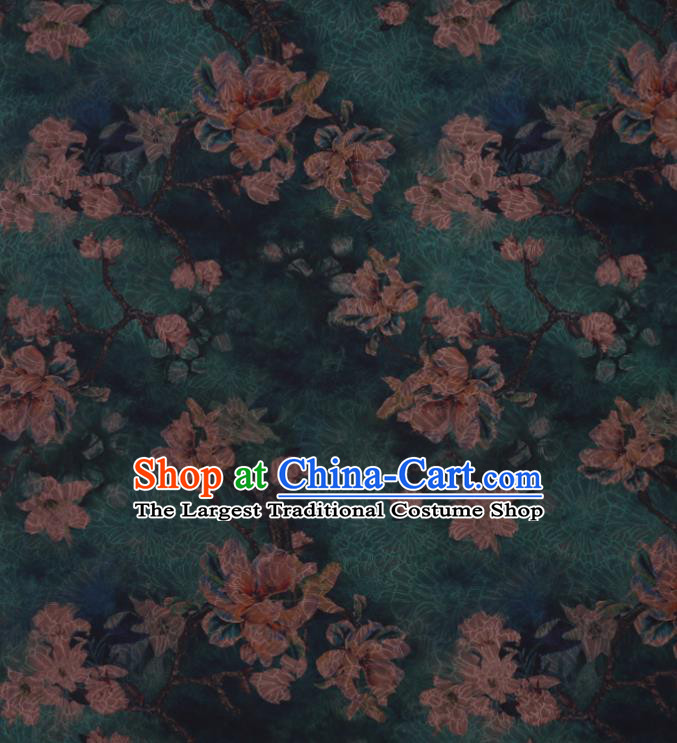 Chinese Classical Yulan Magnolia Pattern Silk Drapery Asian Traditional Cheongsam Deep Green Cloth Fabric