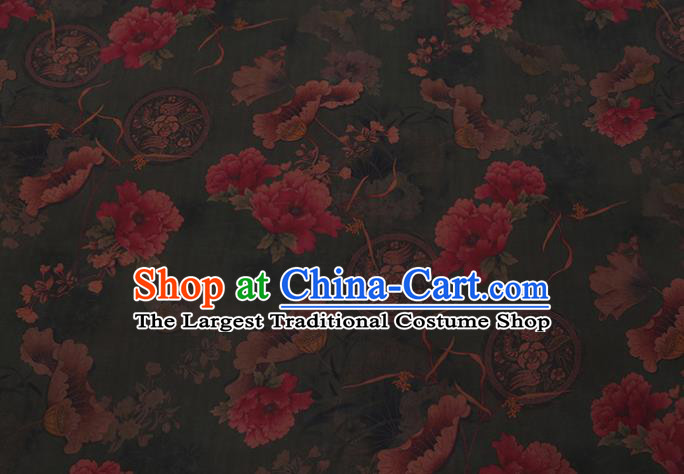 Chinese Classical Lotus Pattern Deep Green Silk Drapery Asian Traditional Cheongsam Cloth Watered Gauze Fabric