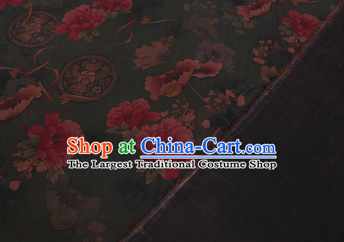 Chinese Classical Lotus Pattern Deep Green Silk Drapery Asian Traditional Cheongsam Cloth Watered Gauze Fabric