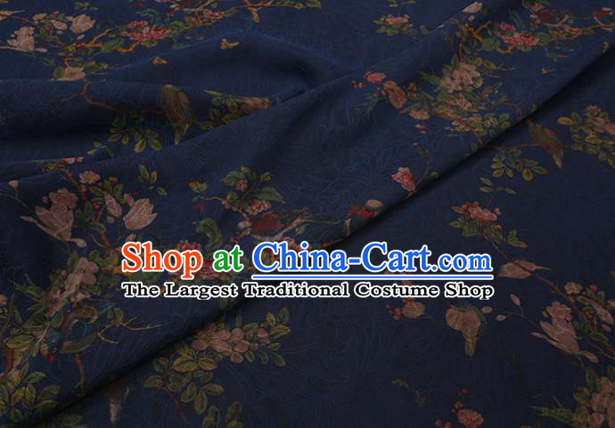 Chinese Classical Flowers Bird Pattern Deep Blue Silk Drapery Cloth Asian Traditional Cheongsam Fabric Watered Gauze