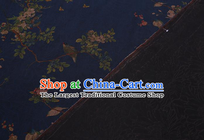 Chinese Classical Flowers Bird Pattern Deep Blue Silk Drapery Cloth Asian Traditional Cheongsam Fabric Watered Gauze