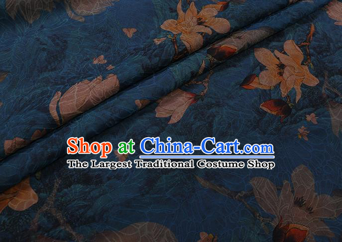 Chinese Classical Yulan Magnolia Pattern Blue Silk Drapery Cloth Asian Watered Gauze Traditional Cheongsam Fabric