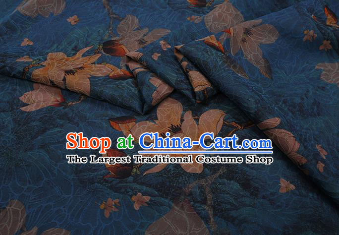 Chinese Classical Yulan Magnolia Pattern Blue Silk Drapery Cloth Asian Watered Gauze Traditional Cheongsam Fabric