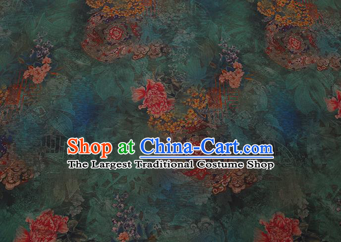 Chinese Classical Peony Flowers Pattern Green Silk Drapery Cloth Asian Traditional Cheongsam Watered Gauze Fabric