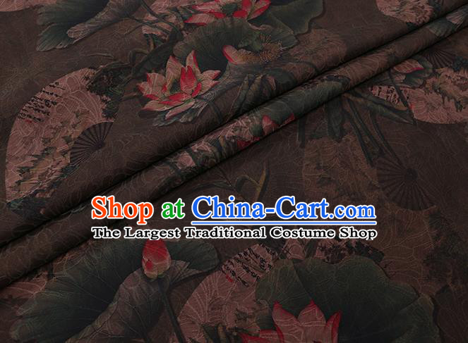 Chinese Classical Lotus Pattern Brown Silk Drapery Asian Watered Gauze Fabric Traditional Cheongsam Cloth