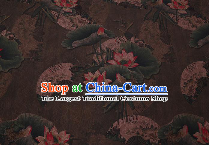 Chinese Classical Lotus Pattern Brown Silk Drapery Asian Watered Gauze Fabric Traditional Cheongsam Cloth