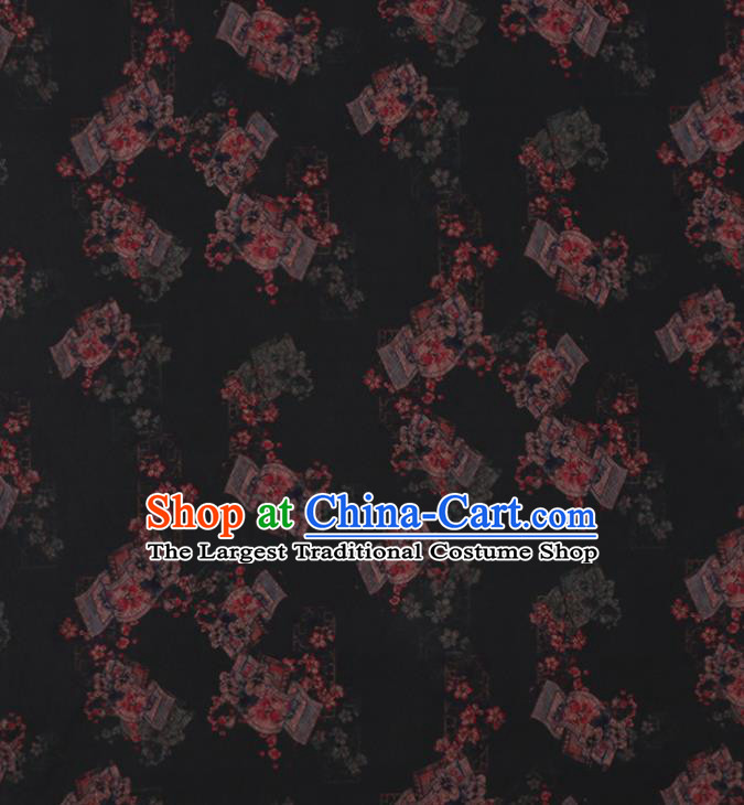 Asian Cheongsam Watered Gauze Cloth Fabric Traditional Chinese Classical Plum Blossom Pattern Black Silk Drapery