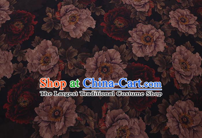 Chinese Classical Peony Pattern Black Gambiered Guangdong Silk Fabric Traditional Asian Cheongsam Cloth Drapery Watered Gauze