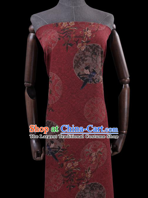 Chinese Traditional Gambiered Guangdong Silk Asian Cheongsam Cloth Drapery Classical Flower Bird Pattern Red Watered Gauze Fabric