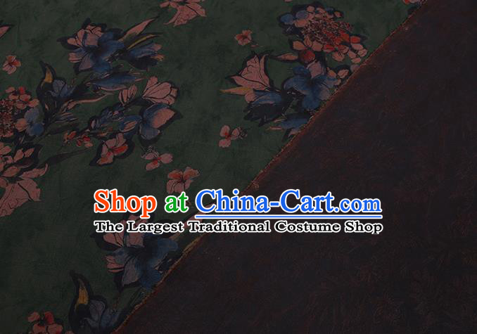 Chinese Classical Mangnolia Pattern Green Gambiered Guangdong Silk Fabric Watered Gauze Traditional Asian Cheongsam Cloth Drapery