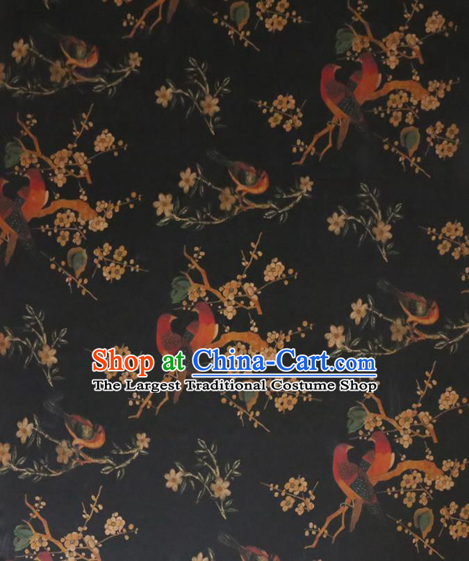 Chinese Classical Plum Birds Pattern Gambiered Guangdong Silk Traditional Cheongsam Fabric Black Watered Gauze
