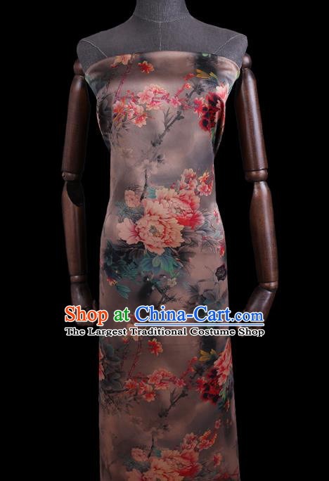 Chinese Classical Peony Pattern Brown Watered Gauze Fabric Traditional Gambiered Guangdong Silk Asian Cheongsam Cloth Satin Drapery