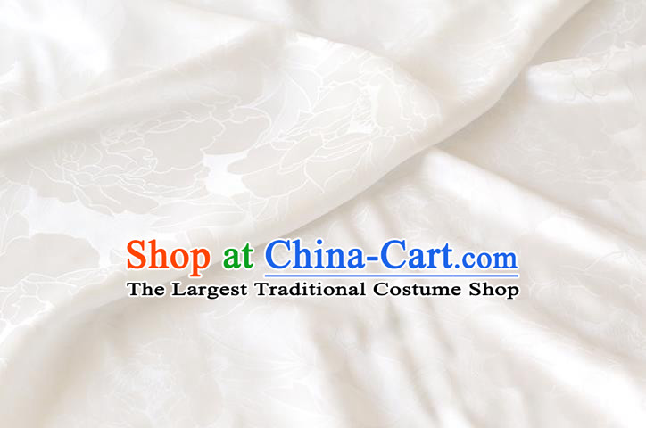 Traditional White Silk Drapery Chinese Cheongsam Classical Royal Peony Pattern Cloth Satin Fabric