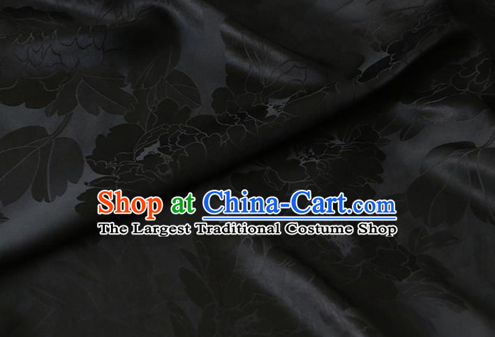 Traditional Black Silk Drapery Chinese Cheongsam Classical Royal Peony Pattern Satin Fabric Cloth
