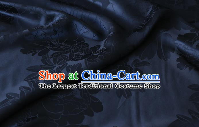 Chinese Cheongsam Classical Royal Peony Pattern Satin Fabric Cloth Traditional Navy Silk Drapery