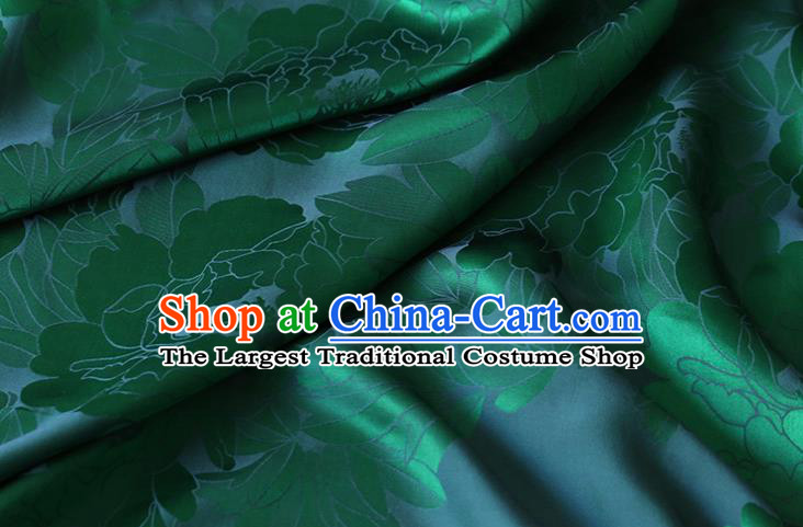 Chinese Classical Royal Peony Pattern Satin Fabric Traditional Green Silk Drapery Cheongsam Cloth