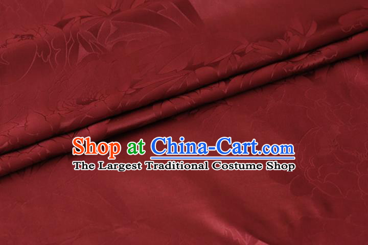 Chinese Traditional Purplish Red Silk Drapery Cheongsam Cloth Classical Royal Peony Pattern Satin Fabric