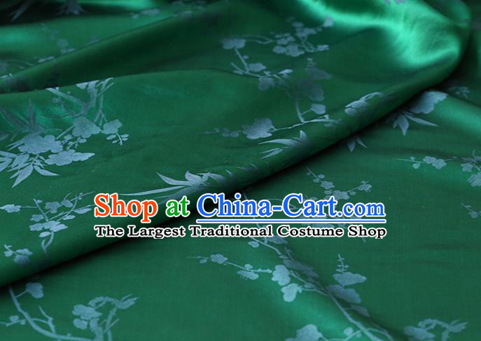 Chinese Traditional Classical Plum Orchid Bamboo Pattern Satin Fabric Cheongsam Cloth Deep Green Silk Drapery