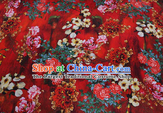 Chinese Red Silk Drapery Classical Peony Pattern Satin Fabric Traditional Cheongsam Cloth