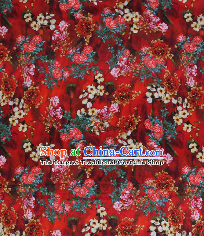 Chinese Red Silk Drapery Classical Peony Pattern Satin Fabric Traditional Cheongsam Cloth