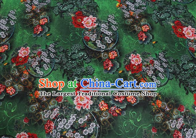 Chinese Green Silk Drapery Traditional Cheongsam Cloth Classical Peony Pattern Satin Fabric