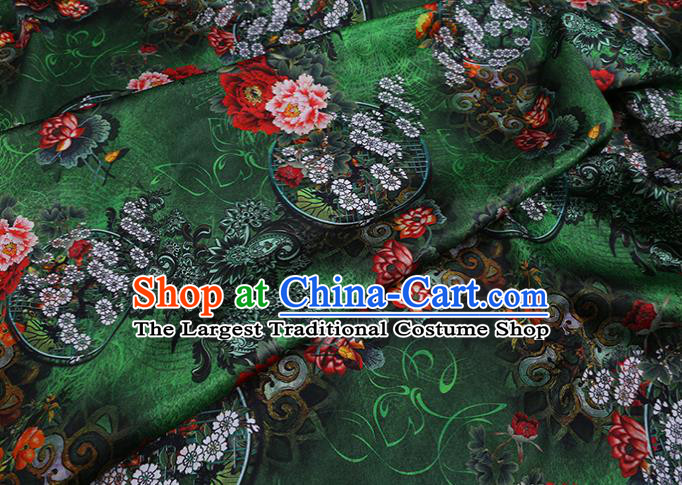Chinese Green Silk Drapery Traditional Cheongsam Cloth Classical Peony Pattern Satin Fabric